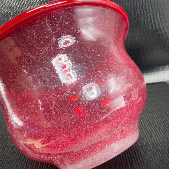 Vintage Art Glass Red Dish Bowl With White Textured Air Bubbles On Bottom Bowl - Picture 6 of 9